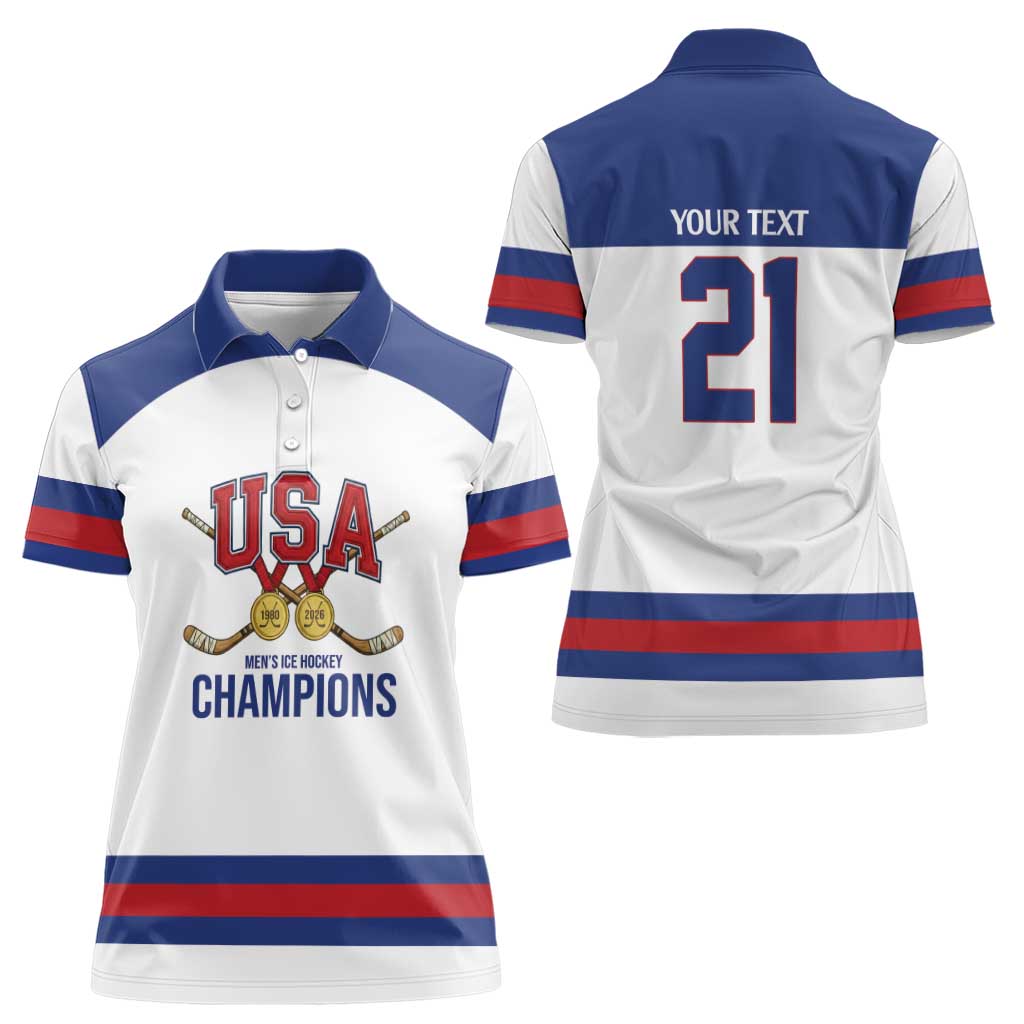 Custom United States Hockey 1980-2026 Gold Medal Women Polo Shirt Embroidery Effect White Style
