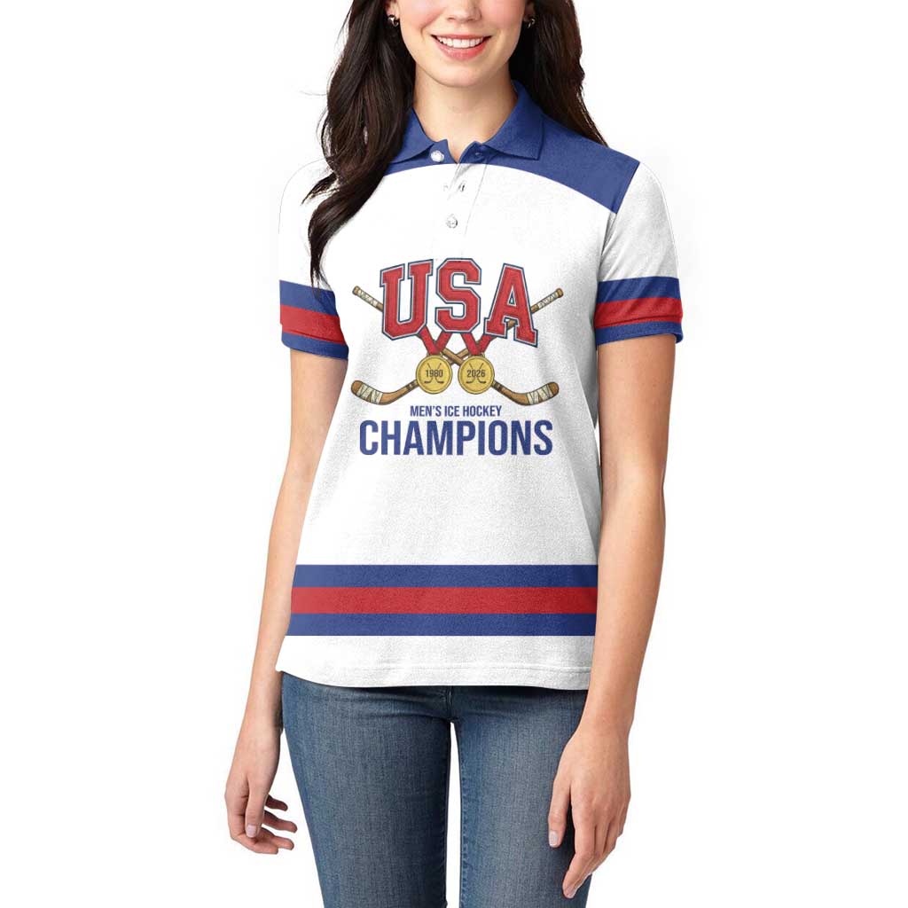 Custom United States Hockey 1980-2026 Gold Medal Women Polo Shirt Embroidery Effect White Style