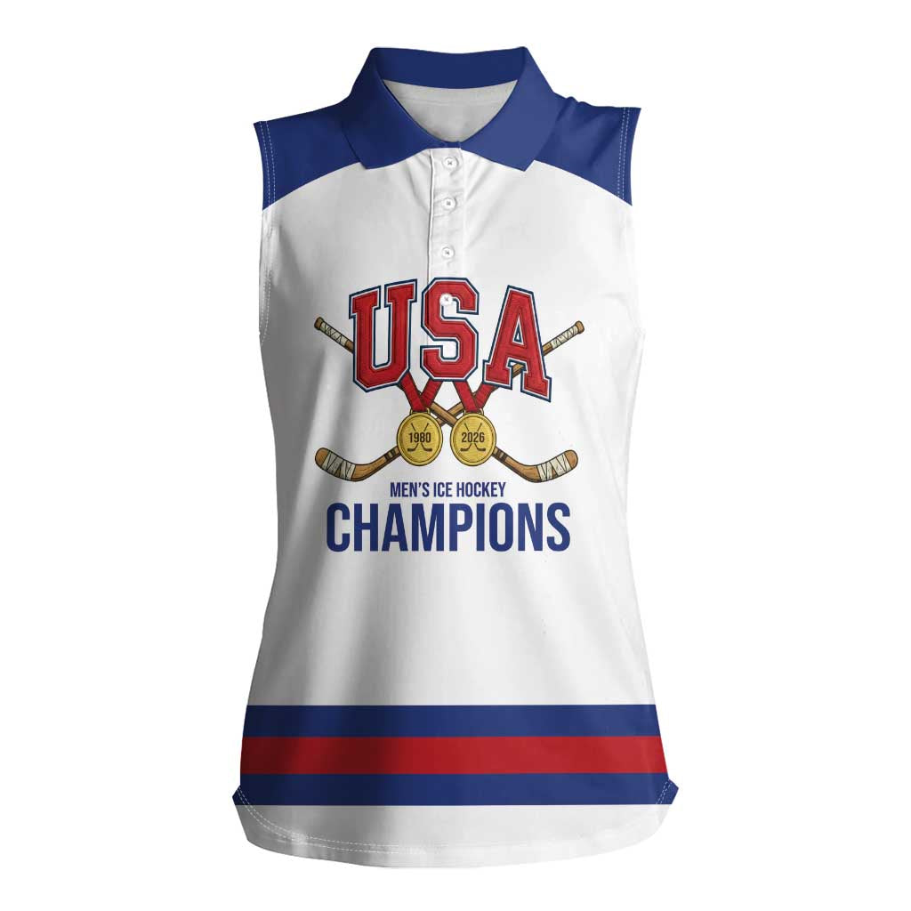 Custom United States Hockey 1980-2026 Gold Medal Women Sleeveless Polo Shirt Embroidery Effect White Style