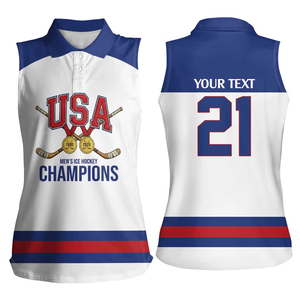 Custom United States Hockey 1980-2026 Gold Medal Women Sleeveless Polo Shirt Embroidery Effect White Style