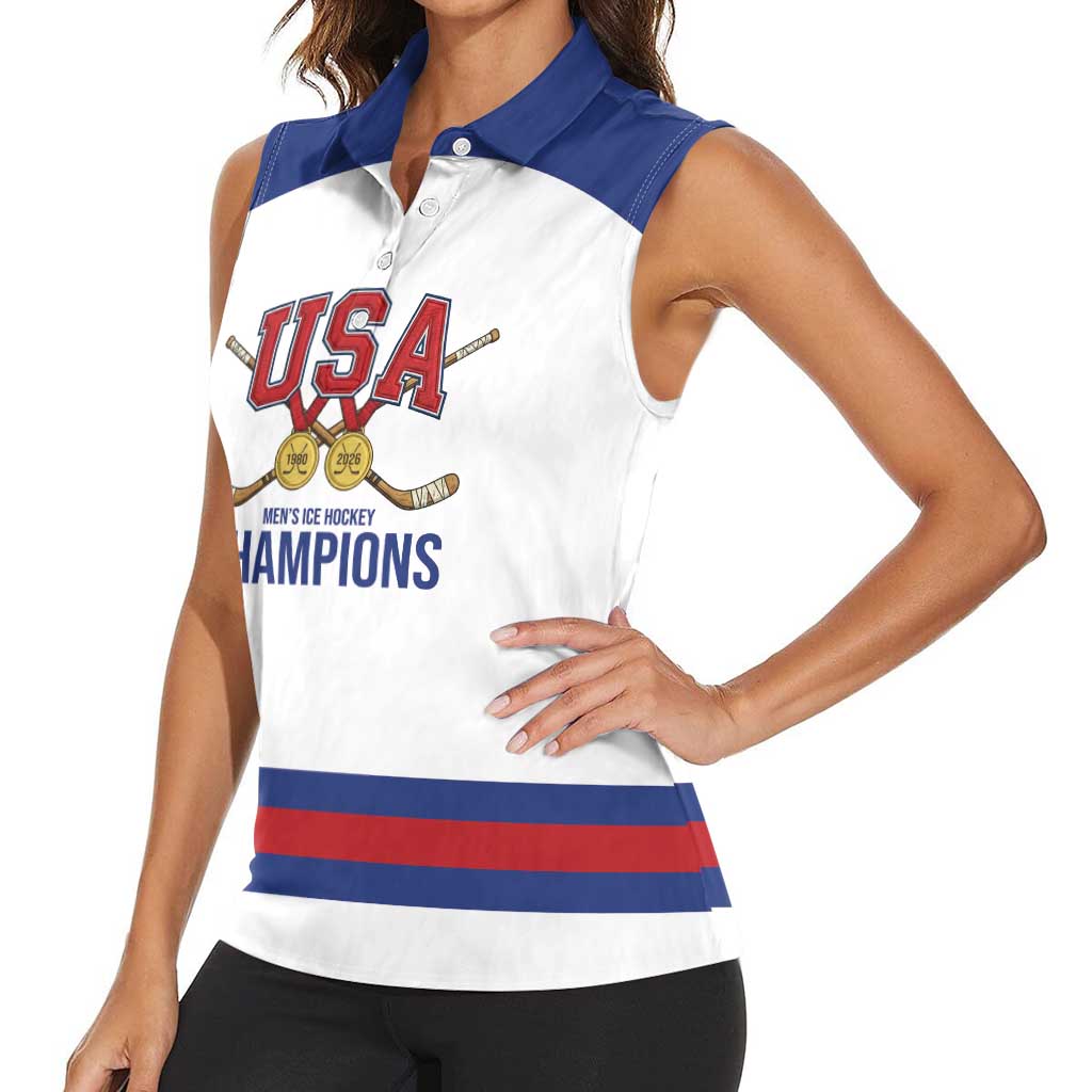 Custom United States Hockey 1980-2026 Gold Medal Women Sleeveless Polo Shirt Embroidery Effect White Style