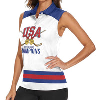 Custom United States Hockey 1980-2026 Gold Medal Women Sleeveless Polo Shirt Embroidery Effect White Style
