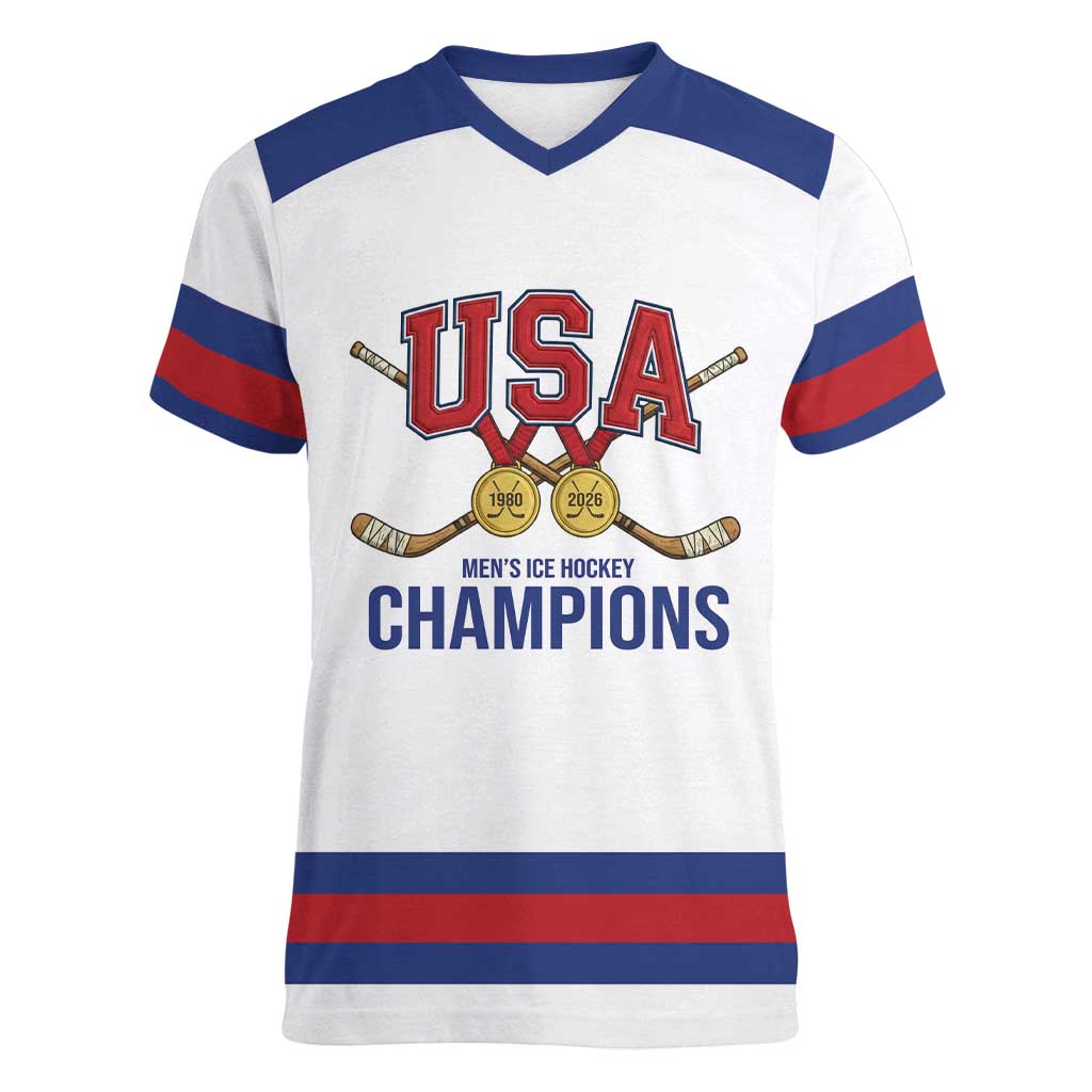 Custom United States Hockey 1980-2026 Gold Medal Women V-Neck T-Shirt Embroidery Effect White Style