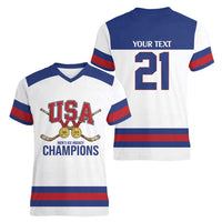 Custom United States Hockey 1980-2026 Gold Medal Women V-Neck T-Shirt Embroidery Effect White Style