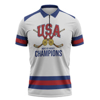 Custom United States Hockey 1980-2026 Gold Medal Zipper Polo Shirt Embroidery Effect White Style