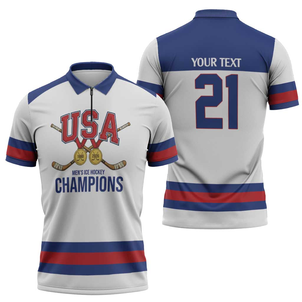 Custom United States Hockey 1980-2026 Gold Medal Zipper Polo Shirt Embroidery Effect White Style