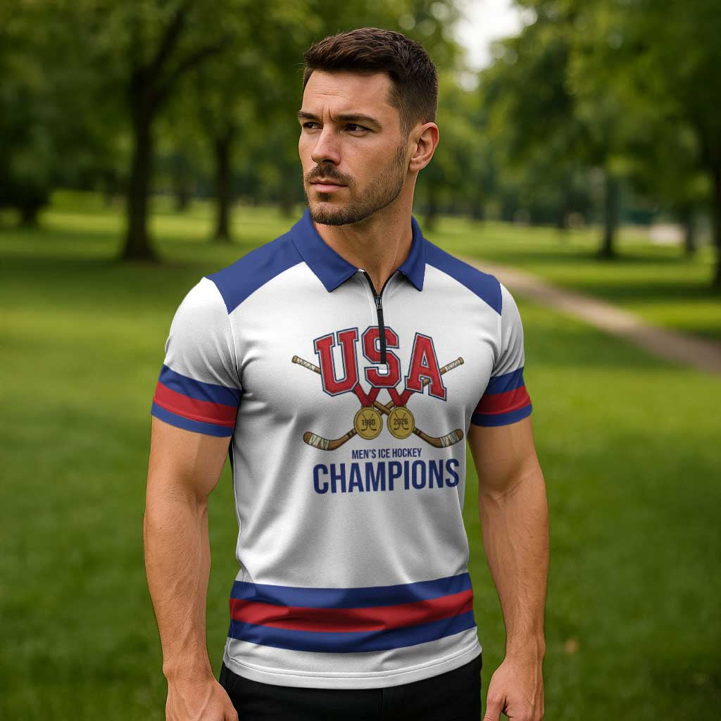 Custom United States Hockey 1980-2026 Gold Medal Zipper Polo Shirt Embroidery Effect White Style