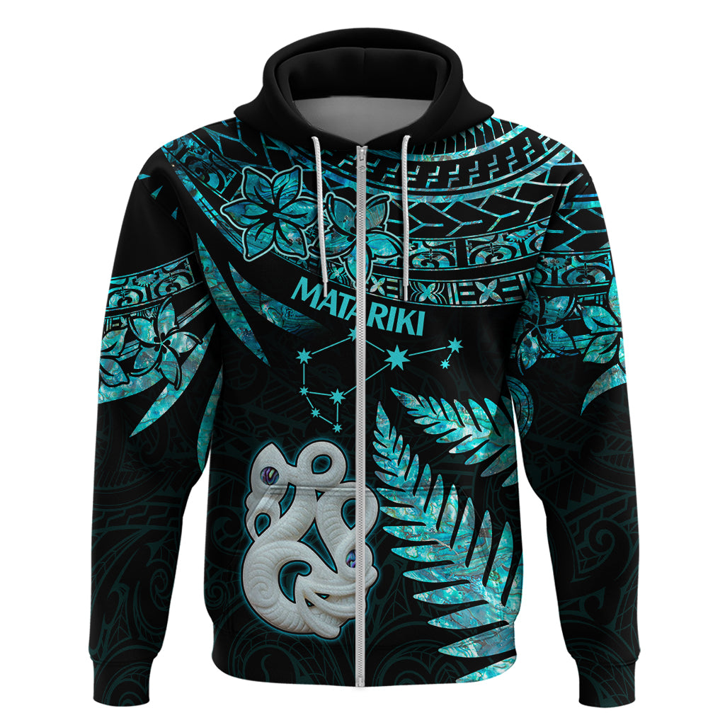 Matariki New Zealand Hoodie Maori Manaia with Paua Shell - Aqua - Wonder Print Shop