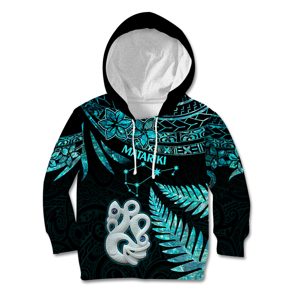 Matariki New Zealand Kid Hoodie Maori Manaia with Paua Shell - Aqua - Wonder Print Shop