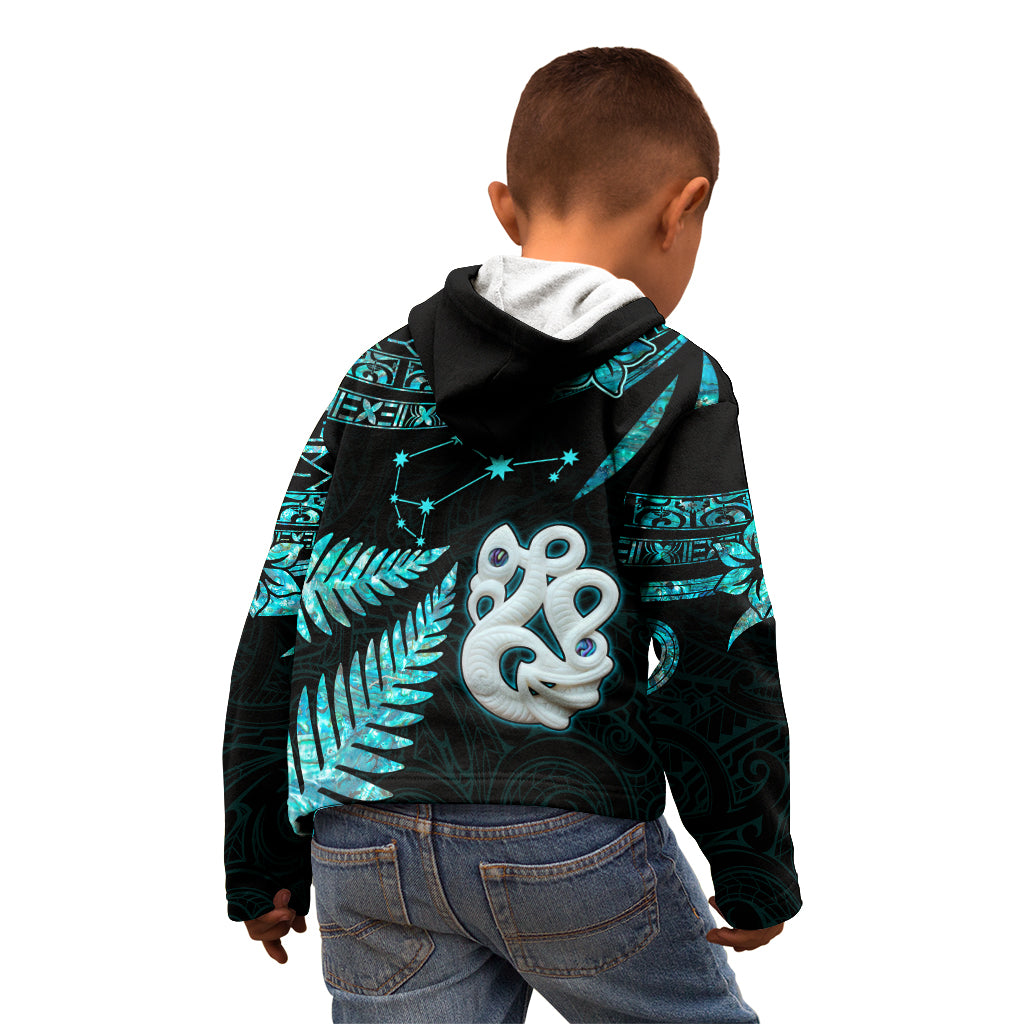 Matariki New Zealand Kid Hoodie Maori Manaia with Paua Shell - Aqua - Wonder Print Shop