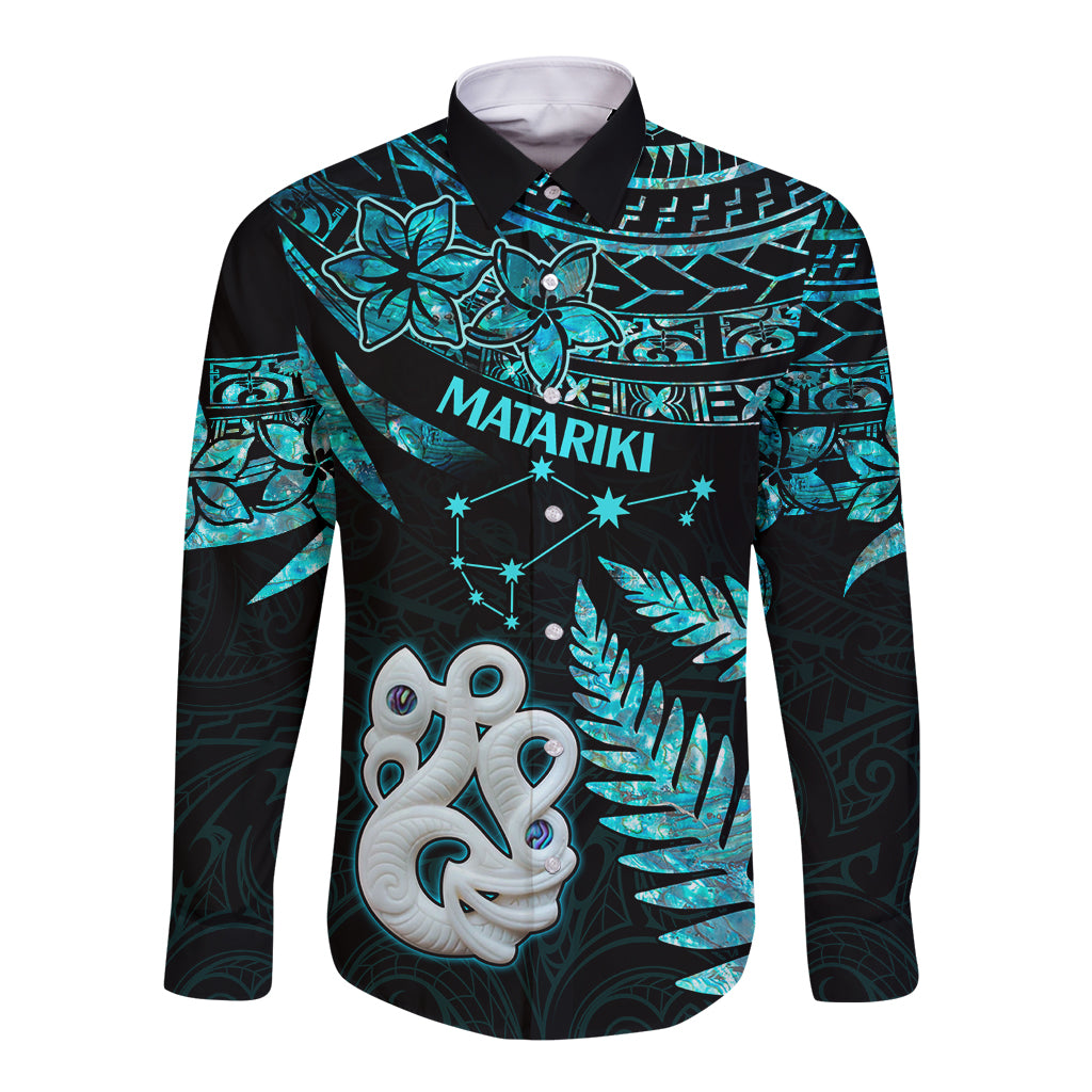 Matariki New Zealand Long Sleeve Button Shirt Maori Manaia with Paua Shell - Aqua - Wonder Print Shop