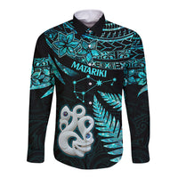 Matariki New Zealand Long Sleeve Button Shirt Maori Manaia with Paua Shell - Aqua - Wonder Print Shop