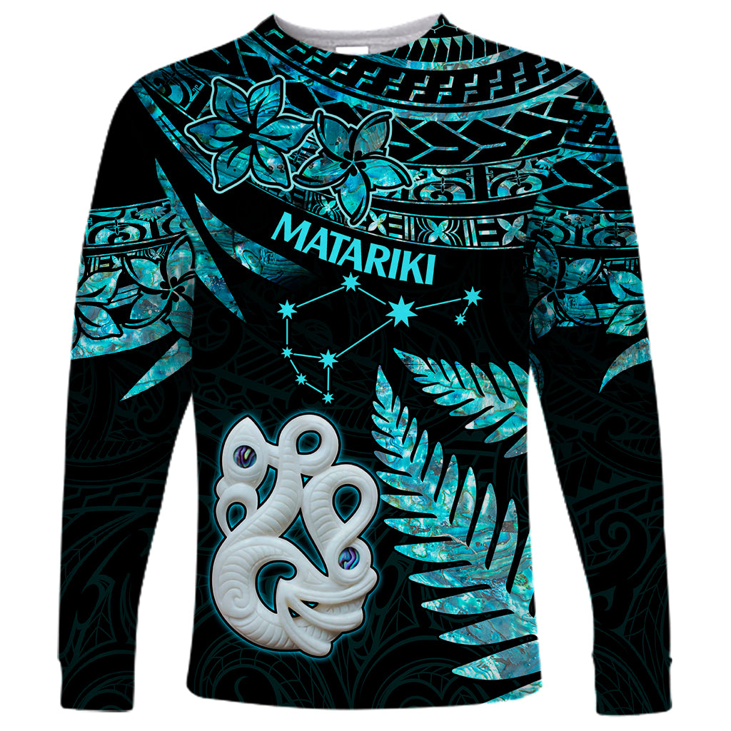 Matariki New Zealand Long Sleeve Shirt Maori Manaia with Paua Shell - Aqua - Wonder Print Shop