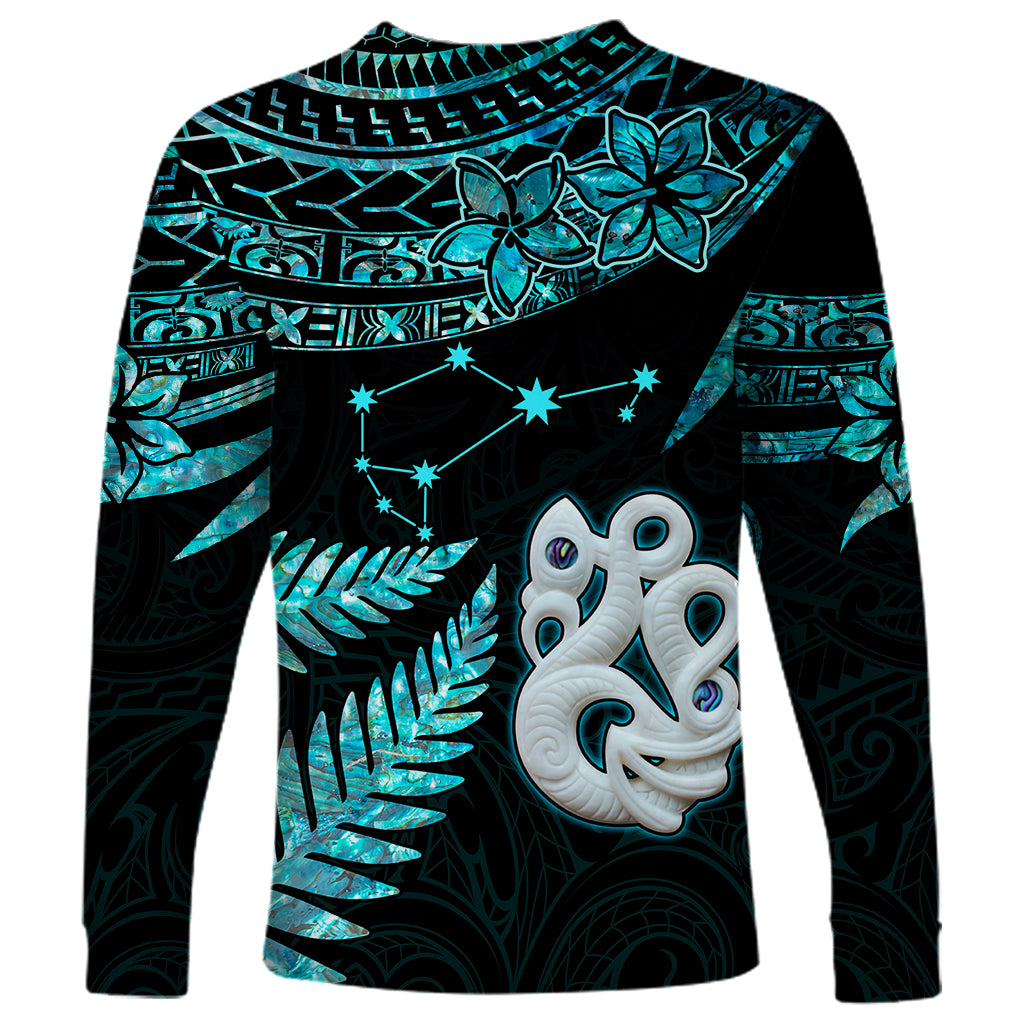 Matariki New Zealand Long Sleeve Shirt Maori Manaia with Paua Shell - Aqua - Wonder Print Shop