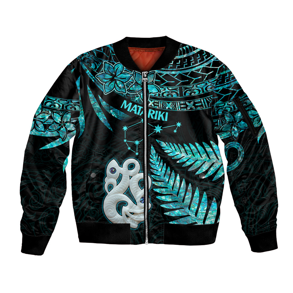 Matariki New Zealand Sleeve Zip Bomber Jacket Maori Manaia with Paua Shell - Aqua - Wonder Print Shop