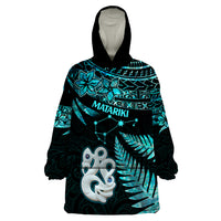 Matariki New Zealand Wearable Blanket Hoodie Maori Manaia with Paua Shell - Aqua - Wonder Print Shop