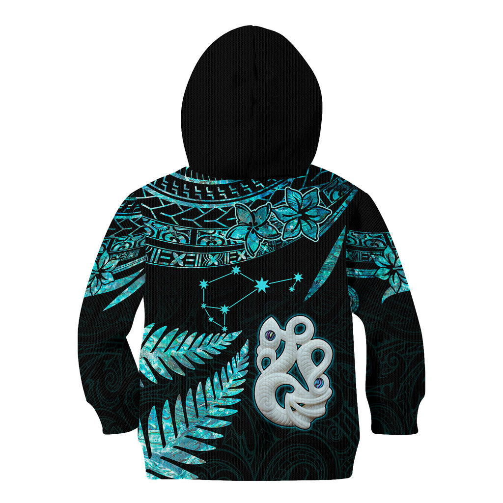 Custom Matariki New Zealand Kid Hoodie Maori Manaia with Paua Shell - Aqua - Wonder Print Shop