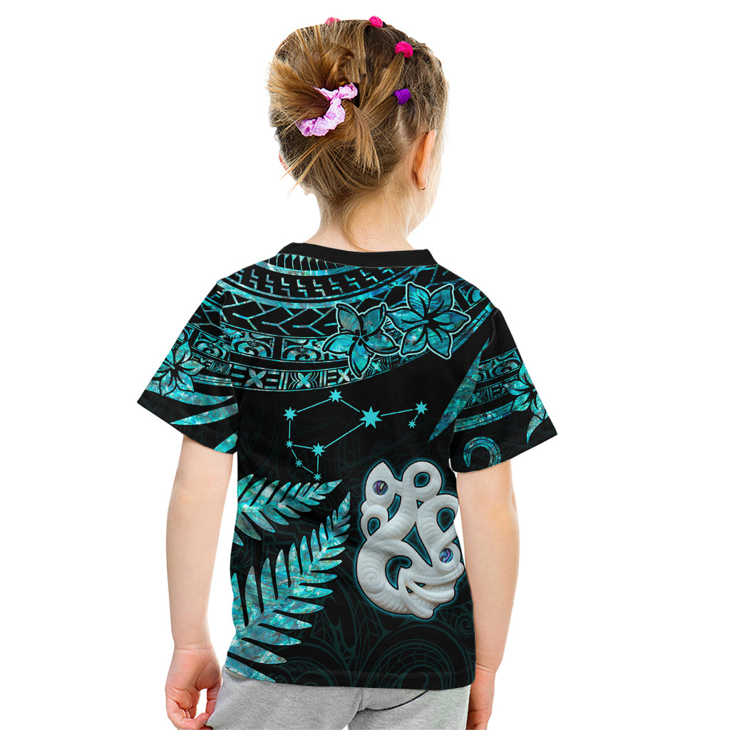 Custom Matariki New Zealand Kid T Shirt Maori Manaia with Paua Shell - Aqua - Wonder Print Shop