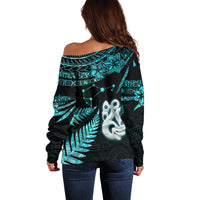Custom Matariki New Zealand Off Shoulder Sweater Maori Manaia with Paua Shell - Aqua - Wonder Print Shop