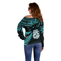 Custom Matariki New Zealand Off Shoulder Sweater Maori Manaia with Paua Shell - Aqua - Wonder Print Shop
