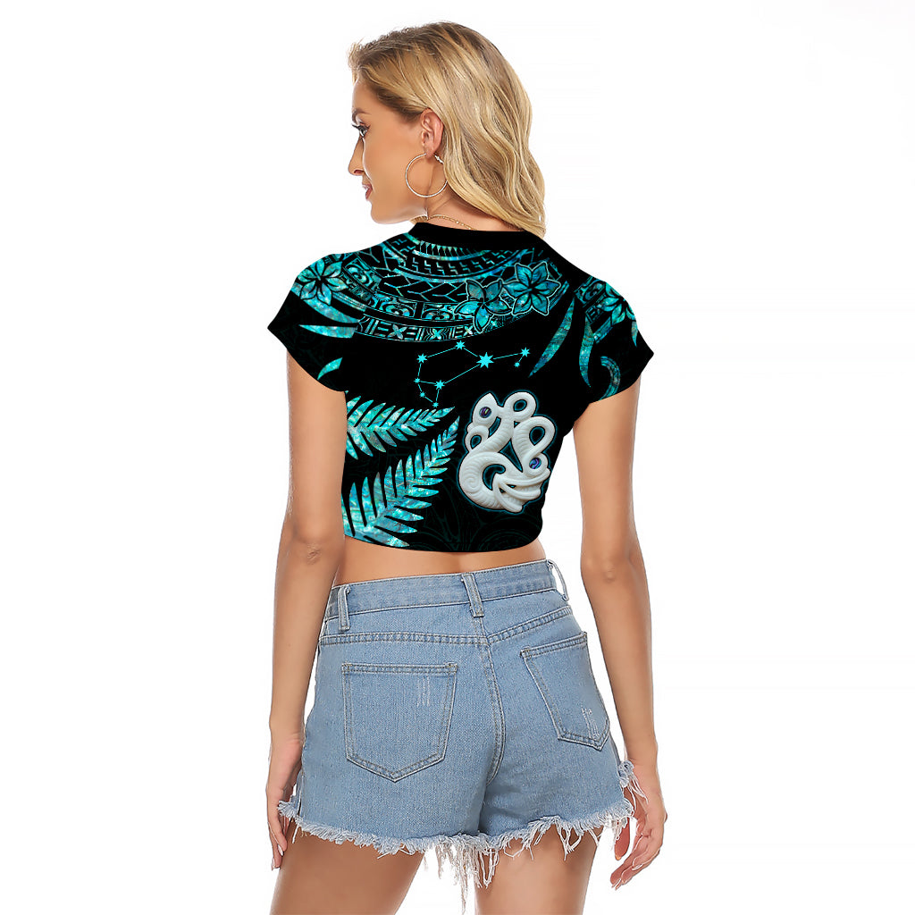Custom Matariki New Zealand Raglan Cropped T Shirt Maori Manaia with Paua Shell - Aqua - Wonder Print Shop