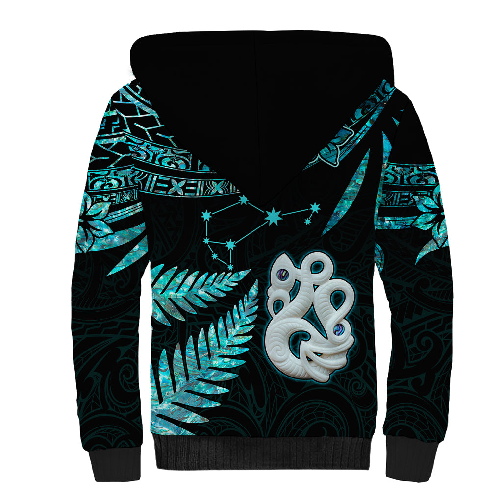 Custom Matariki New Zealand Sherpa Hoodie Maori Manaia with Paua Shell - Aqua - Wonder Print Shop