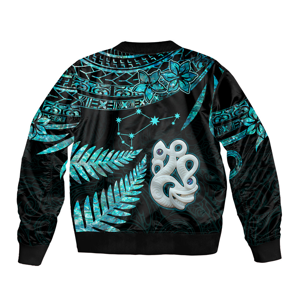 Custom Matariki New Zealand Sleeve Zip Bomber Jacket Maori Manaia with Paua Shell - Aqua - Wonder Print Shop