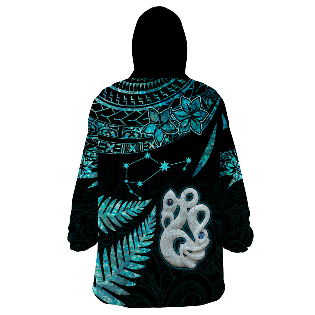 Custom Matariki New Zealand Wearable Blanket Hoodie Maori Manaia with Paua Shell - Aqua - Wonder Print Shop