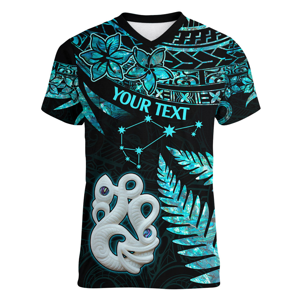 Custom Matariki New Zealand Women V Neck T Shirt Maori Manaia with Paua Shell - Aqua - Wonder Print Shop