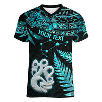 Custom Matariki New Zealand Women V Neck T Shirt Maori Manaia with Paua Shell - Aqua - Wonder Print Shop