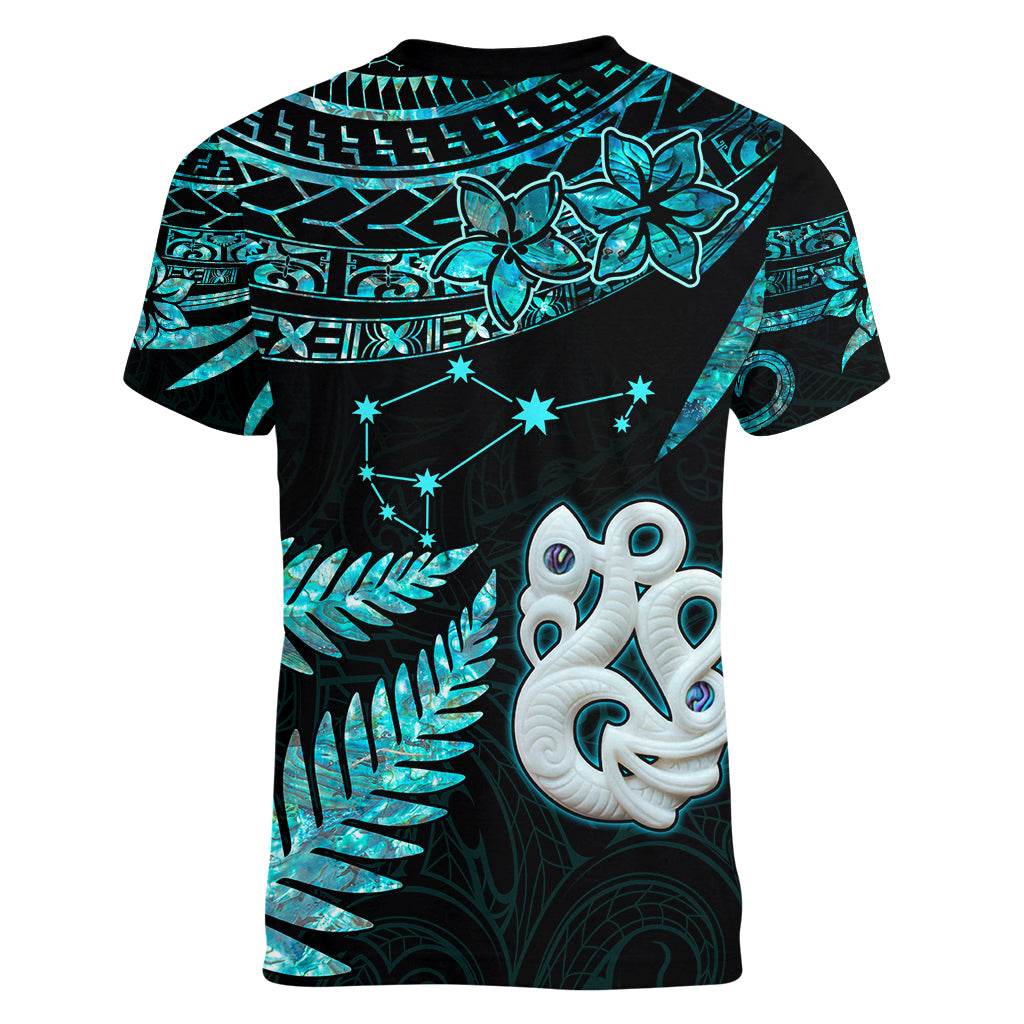 Custom Matariki New Zealand Women V Neck T Shirt Maori Manaia with Paua Shell - Aqua - Wonder Print Shop