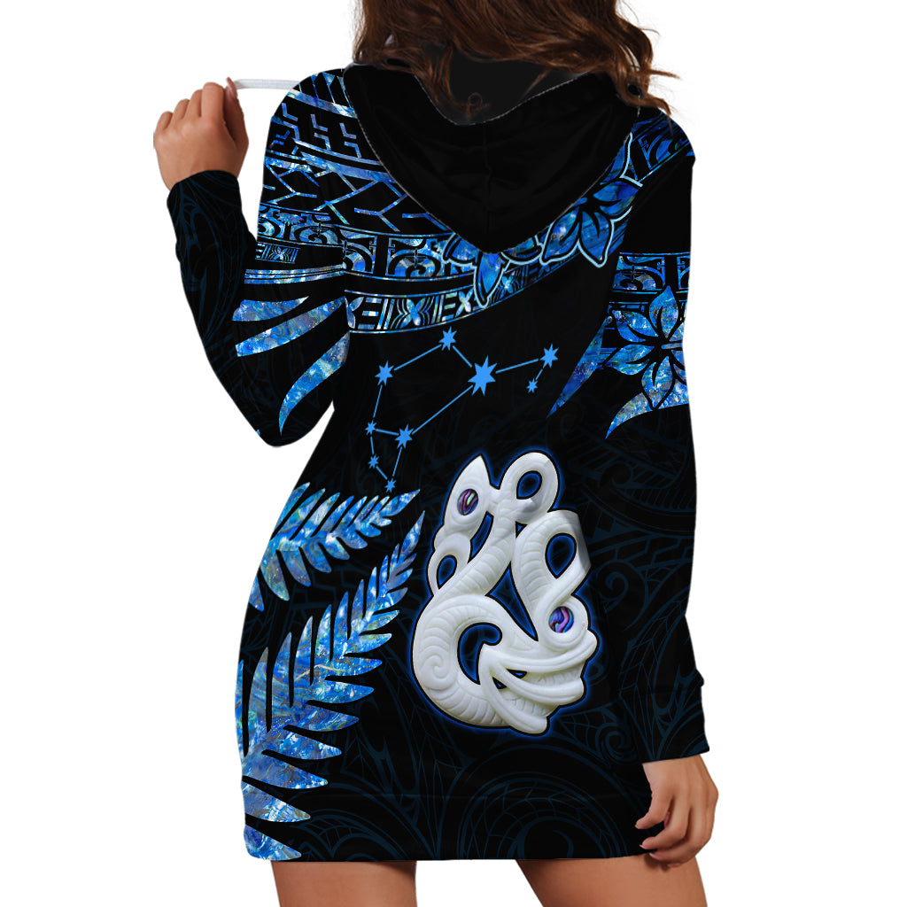 Matariki New Zealand Hoodie Dress Maori Manaia with Paua Shell - Blue - Wonder Print Shop