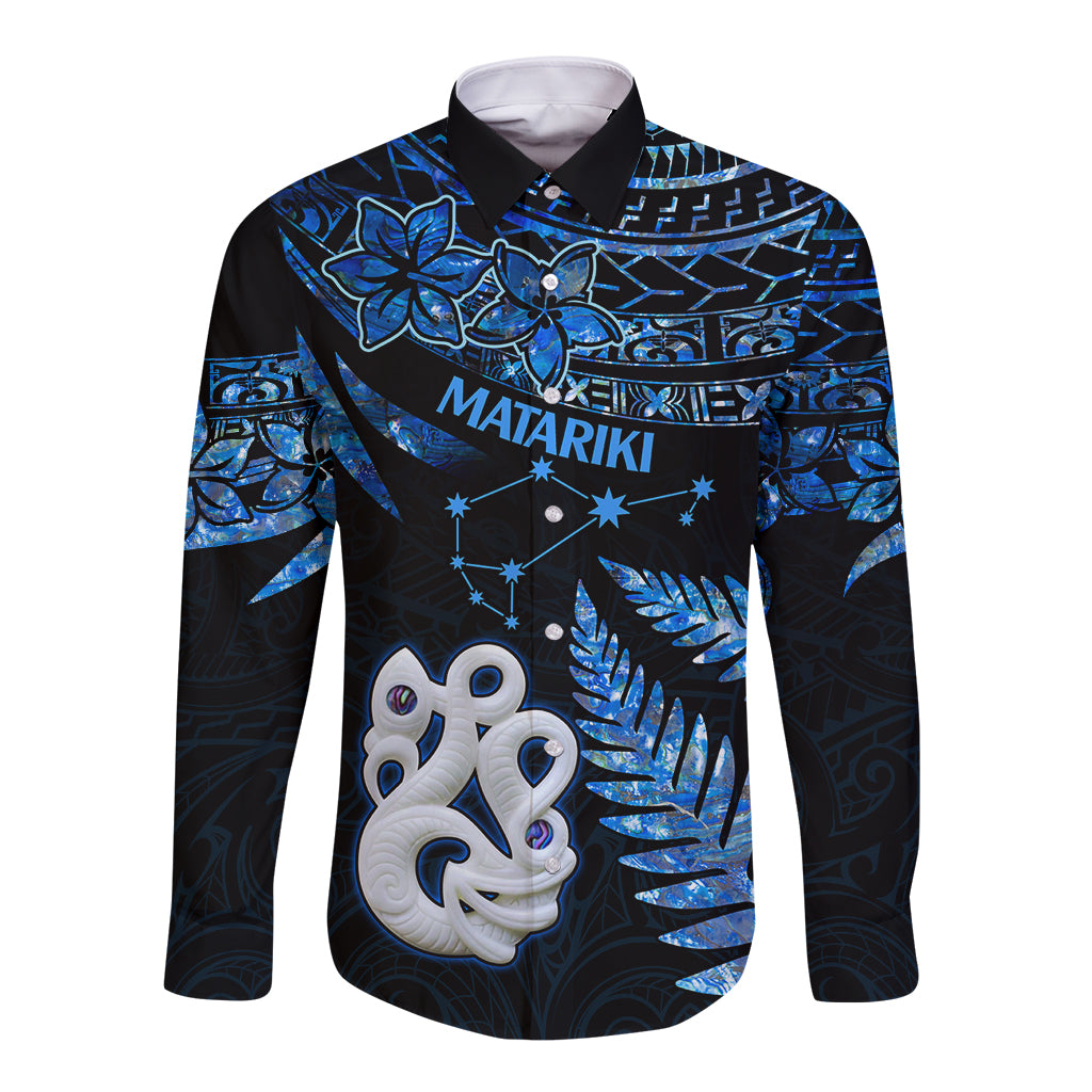 Matariki New Zealand Long Sleeve Button Shirt Maori Manaia with Paua Shell - Blue - Wonder Print Shop