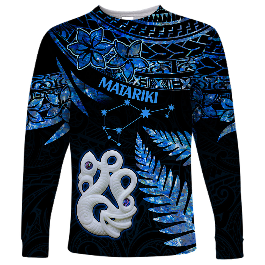 Matariki New Zealand Long Sleeve Shirt Maori Manaia with Paua Shell - Blue - Wonder Print Shop