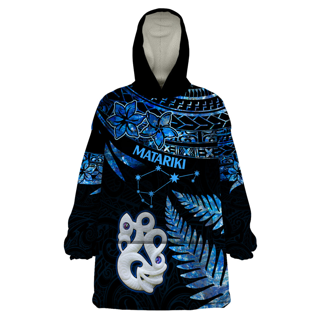 Matariki New Zealand Wearable Blanket Hoodie Maori Manaia with Paua Shell - Blue - Wonder Print Shop