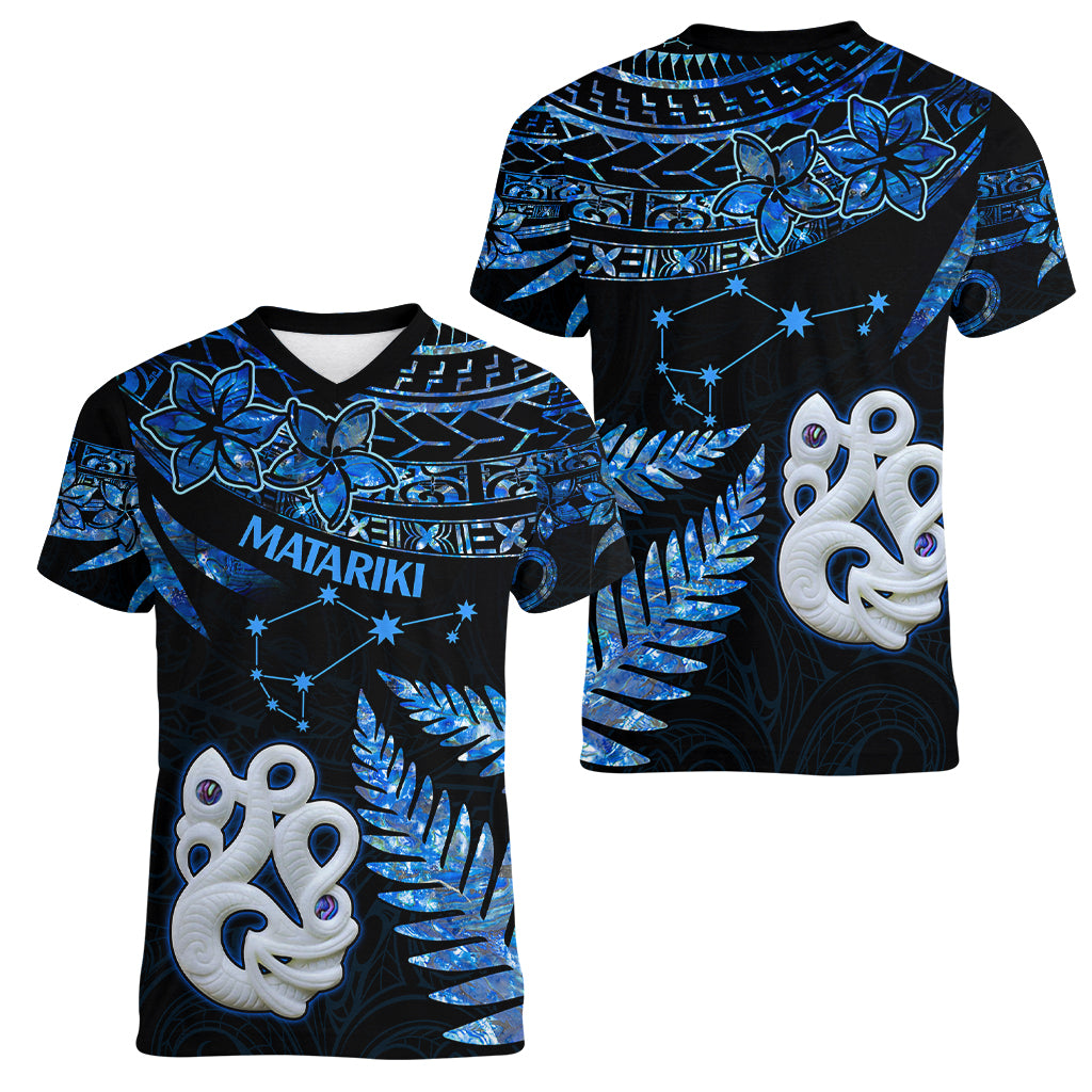 Matariki New Zealand Women V Neck T Shirt Maori Manaia with Paua Shell - Blue - Wonder Print Shop