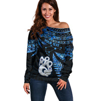 Custom Matariki New Zealand Off Shoulder Sweater Maori Manaia with Paua Shell - Blue - Wonder Print Shop