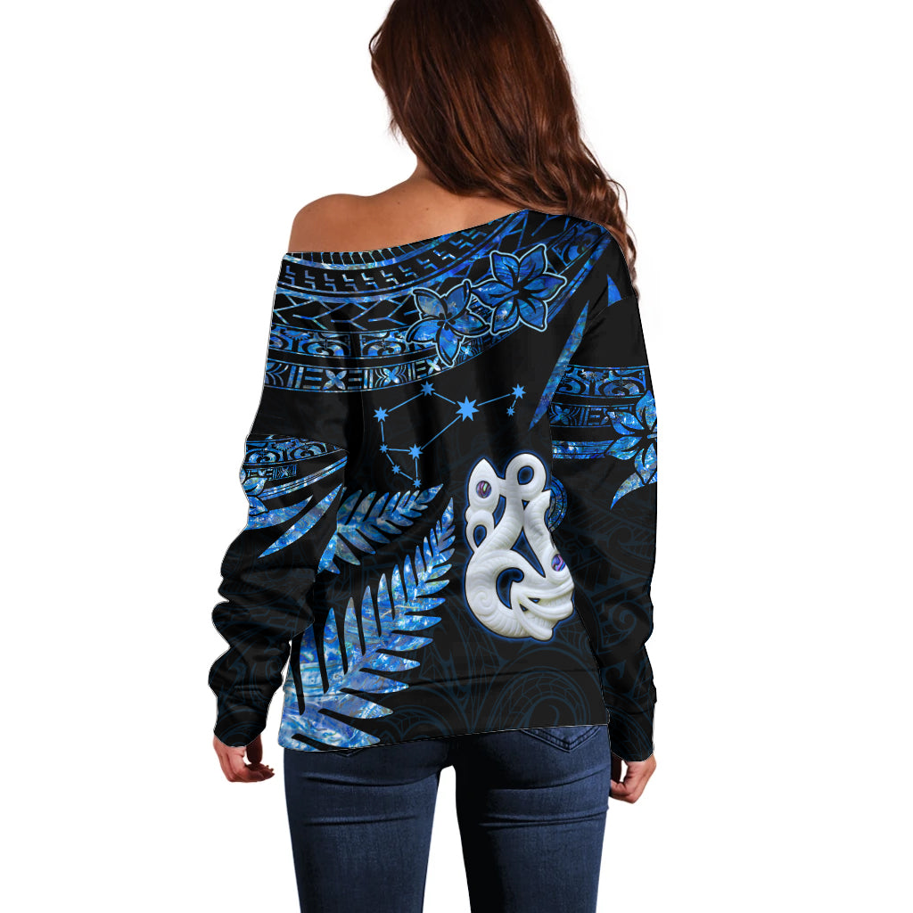 Custom Matariki New Zealand Off Shoulder Sweater Maori Manaia with Paua Shell - Blue - Wonder Print Shop