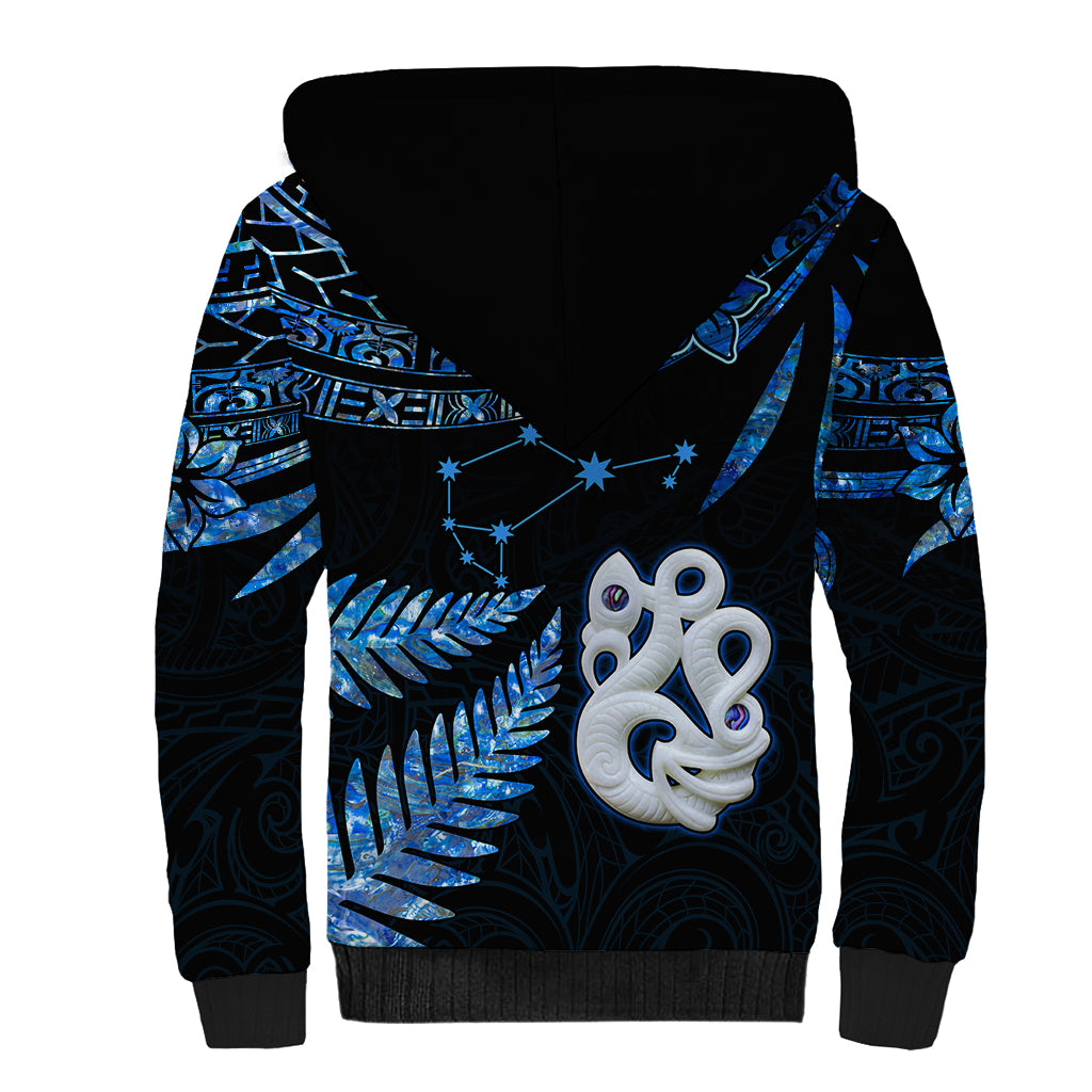 Custom Matariki New Zealand Sherpa Hoodie Maori Manaia with Paua Shell - Blue - Wonder Print Shop