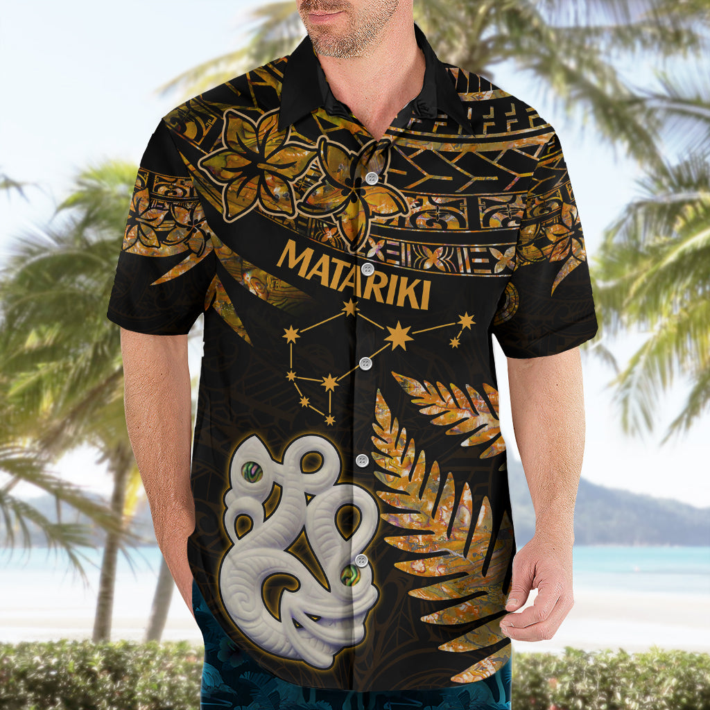 Maori Hawaiian Shirt Matariki Stars Manaia with Paua Shell - Gold - Wonder Print Shop