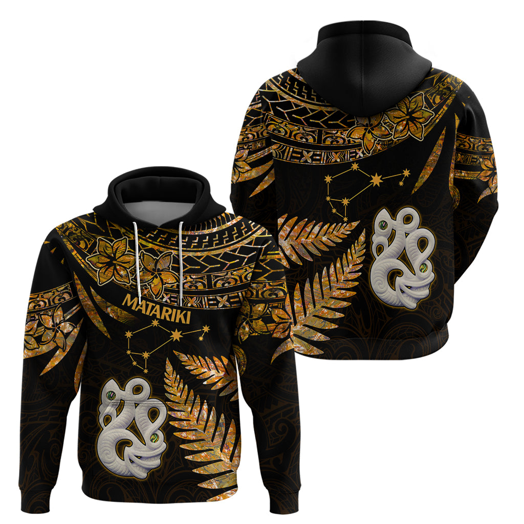 Maori Hoodie Matariki Stars Manaia with Paua Shell - Gold - Wonder Print Shop