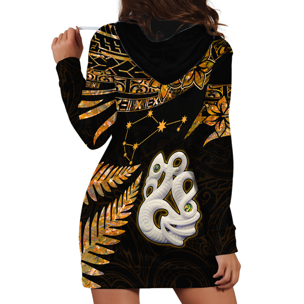 Maori Hoodie Dress Matariki Stars Manaia with Paua Shell - Gold - Wonder Print Shop