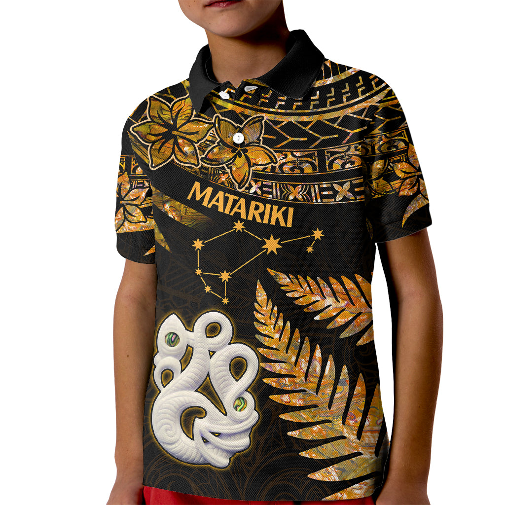 Maori Kid Polo Shirt Matariki Stars Manaia with Paua Shell - Gold - Wonder Print Shop