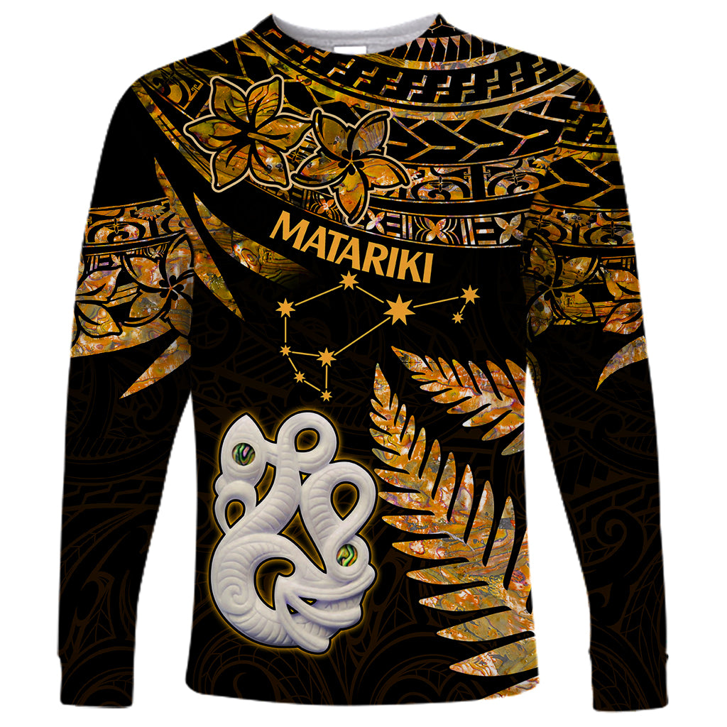 Maori Long Sleeve Shirt Matariki Stars Manaia with Paua Shell - Gold - Wonder Print Shop