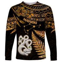 Maori Long Sleeve Shirt Matariki Stars Manaia with Paua Shell - Gold - Wonder Print Shop