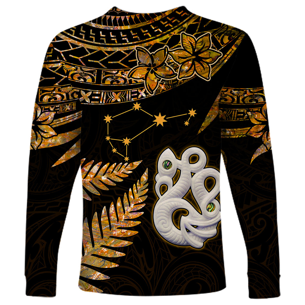 Maori Long Sleeve Shirt Matariki Stars Manaia with Paua Shell - Gold - Wonder Print Shop