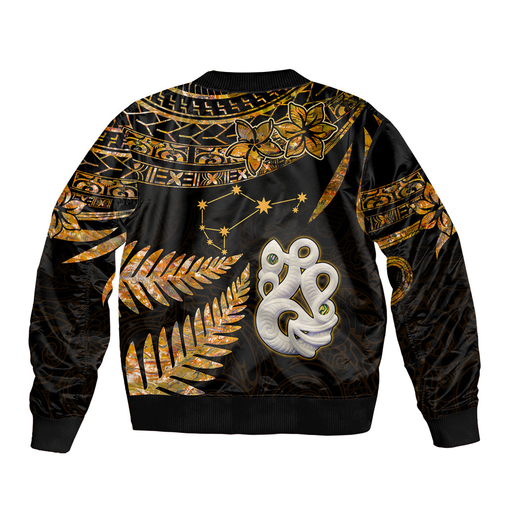 Maori Sleeve Zip Bomber Jacket Matariki Stars Manaia with Paua Shell - Gold - Wonder Print Shop