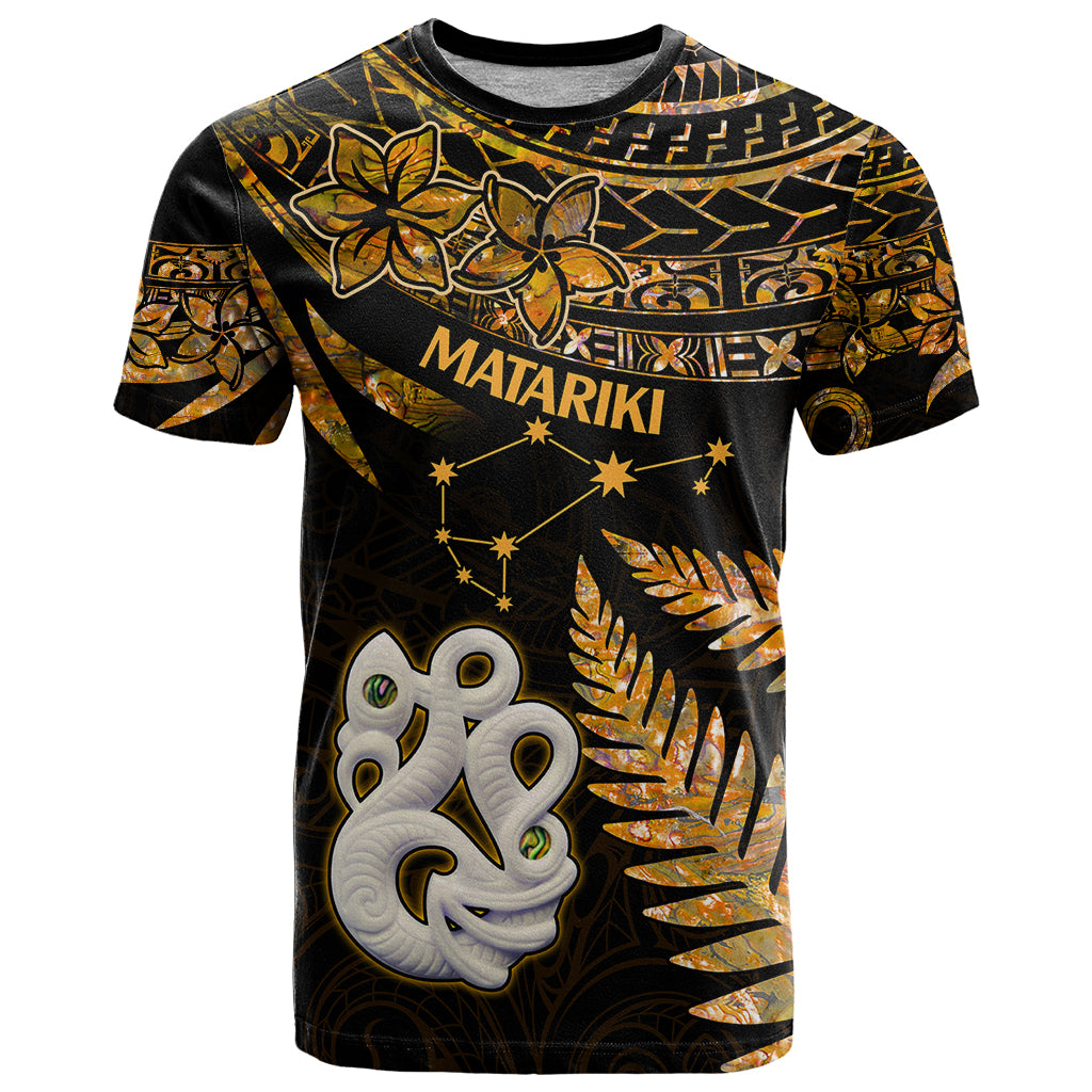 Maori T Shirt Matariki Stars Manaia with Paua Shell - Gold - Wonder Print Shop