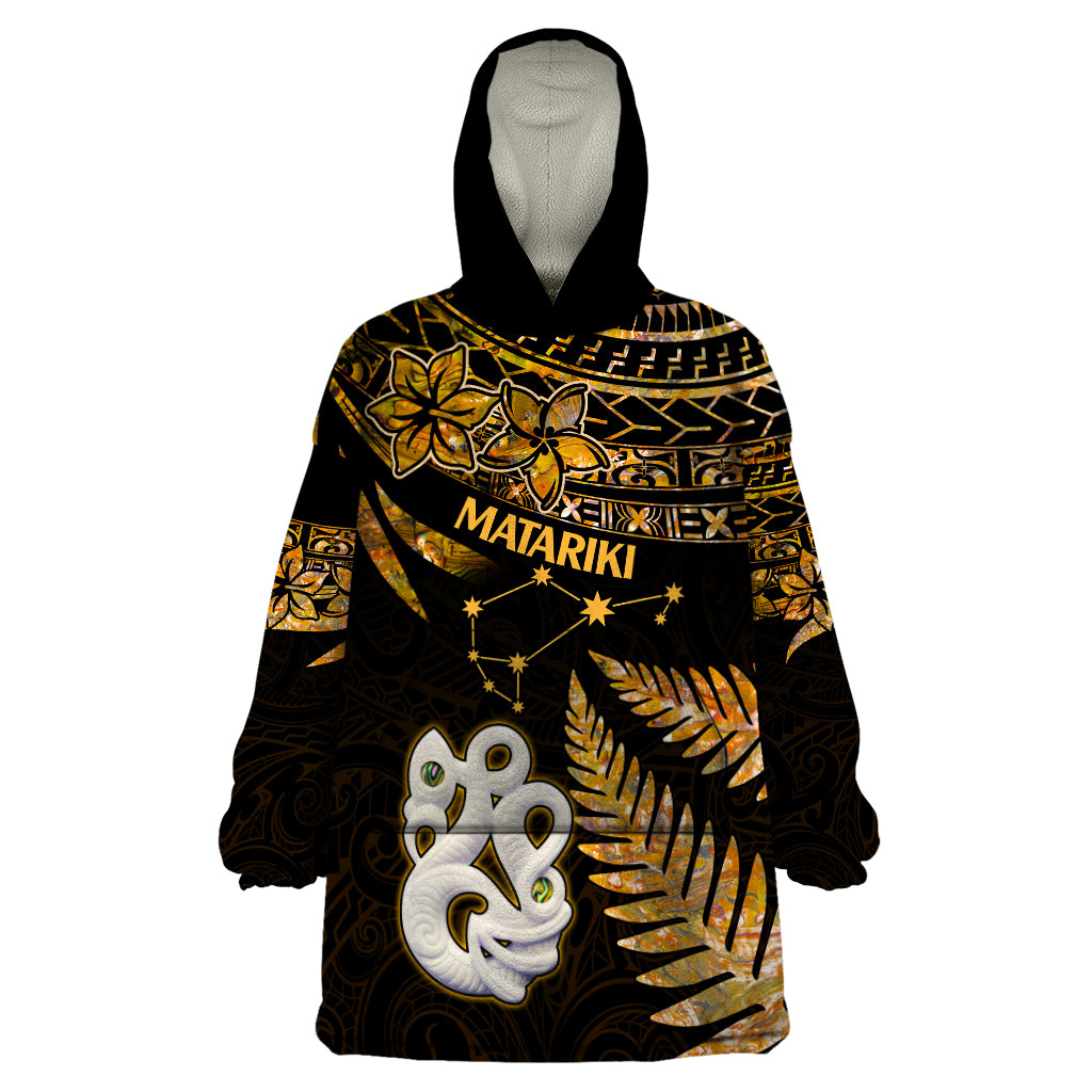 Maori Wearable Blanket Hoodie Matariki Stars Manaia with Paua Shell - Gold - Wonder Print Shop