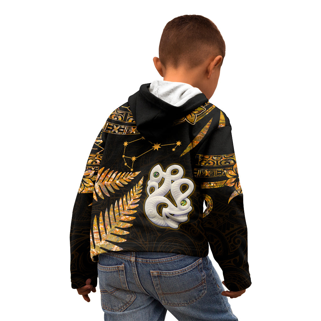 Custom Maori Kid Hoodie Matariki Stars Manaia with Paua Shell - Gold - Wonder Print Shop